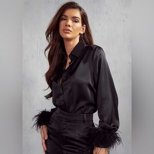 Missguided Feather Trim Satin Button Down Shirt